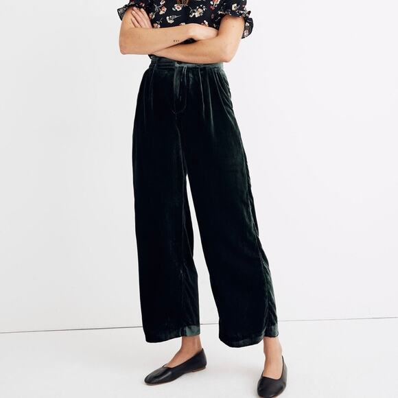 Madewell Velvet Wide Leg Pants Size 4 Smoky Spruce Green Crop Pleated *repaired - Picture 1 of 13